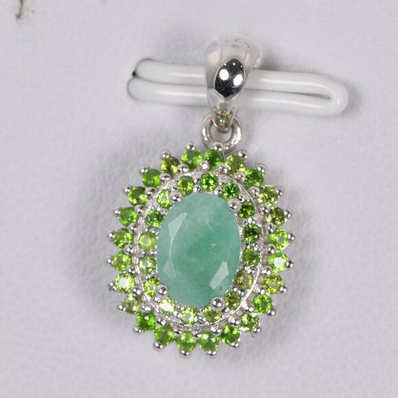 Jewelry - All Natural Double Halo with Natural Emerald Oval Cut Pendant 925 Sterling